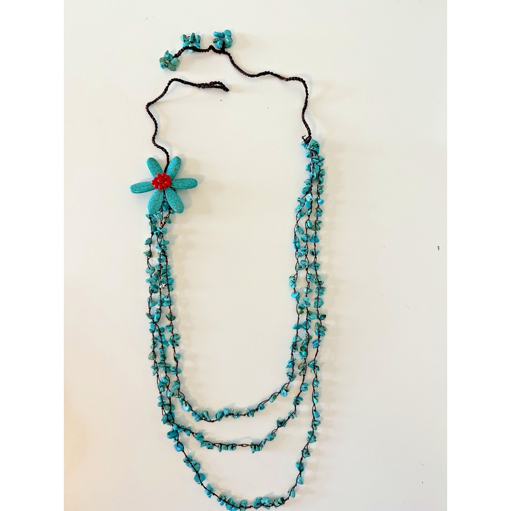 Necklace Flower Faux Turquoise Nuggets Red Layered Long Rope Statement